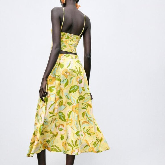 ZARA Button Front Long Linen Floral Skirt - Picture 5 of 7